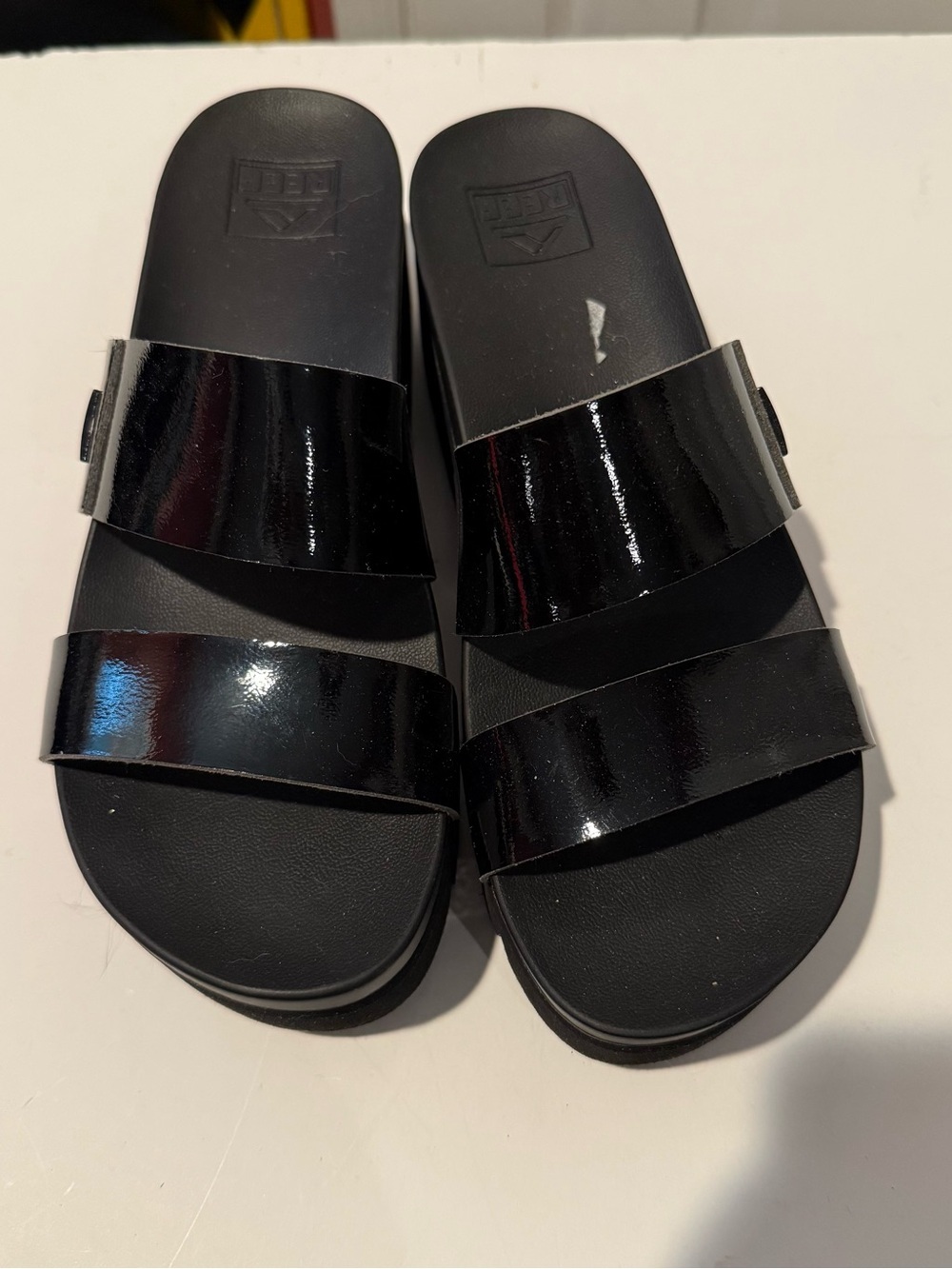 Reef Black Patent Double-Strap Slide Sandals